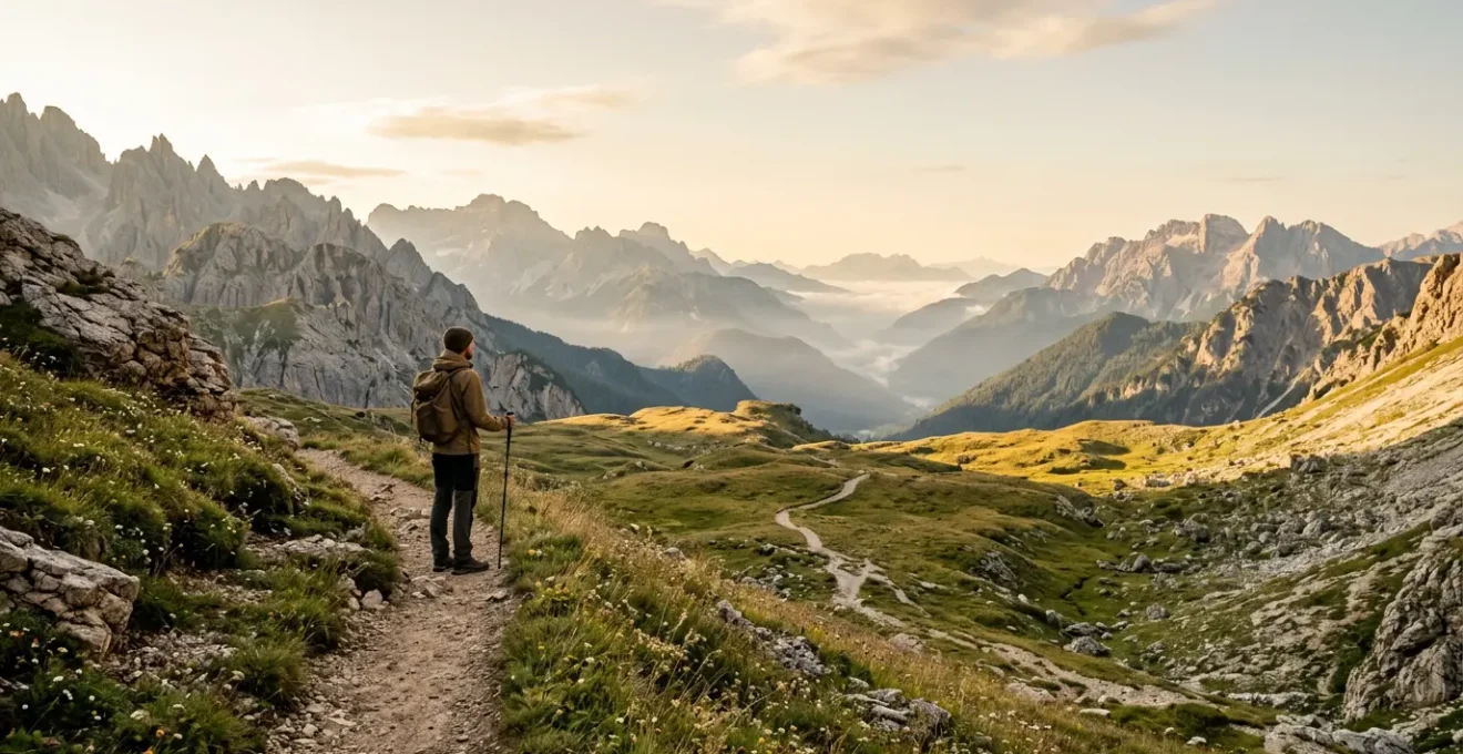 Escursionista principiante in cammino tra le montagne italiane con zaino e bastoncini