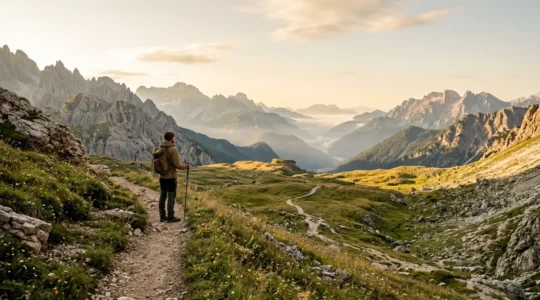 Escursionista principiante in cammino tra le montagne italiane con zaino e bastoncini
