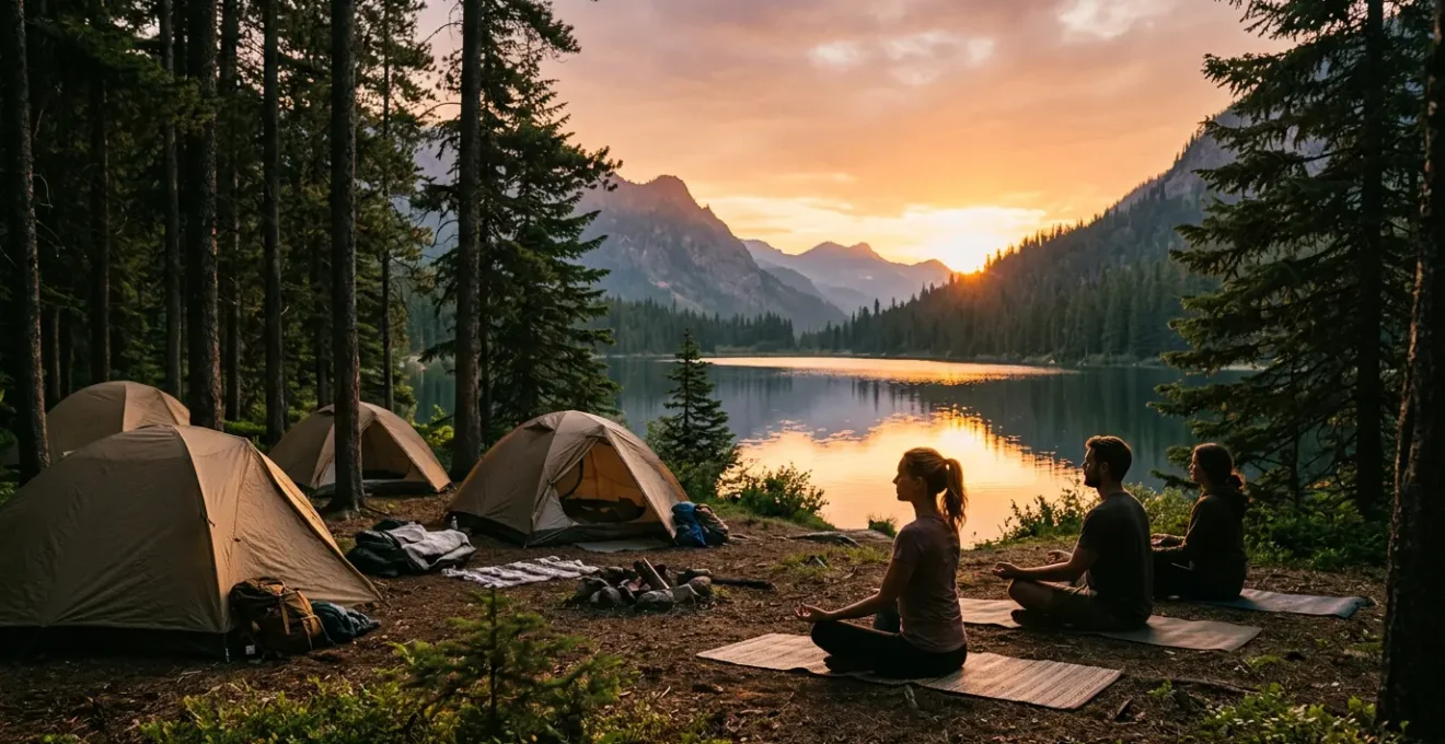 Vista serena di un campeggio al tramonto con tende tra gli alberi e persone che praticano yoga all'aperto