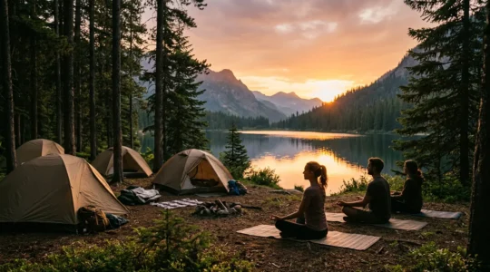 Vista serena di un campeggio al tramonto con tende tra gli alberi e persone che praticano yoga all'aperto