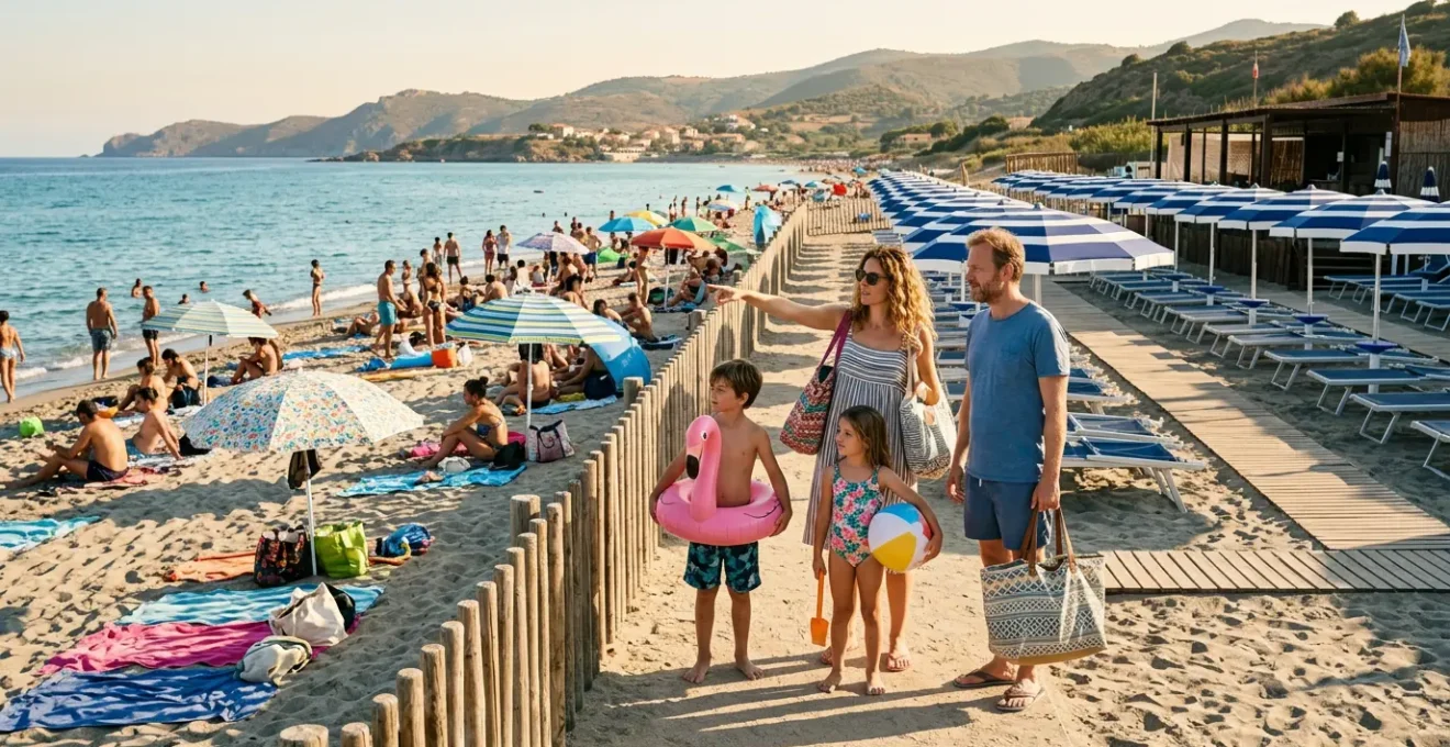 Famiglia di quattro persone sulla spiaggia che valuta le opzioni tra spiaggia libera e stabilimento balneare