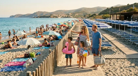 Famiglia di quattro persone sulla spiaggia che valuta le opzioni tra spiaggia libera e stabilimento balneare