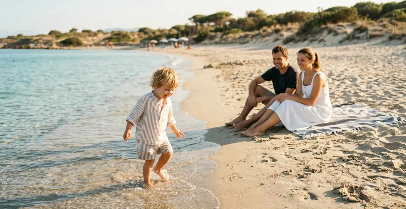 Famiglia con bambino piccolo che gioca sulla sabbia dorata di una spiaggia italiana con acque basse e cristalline