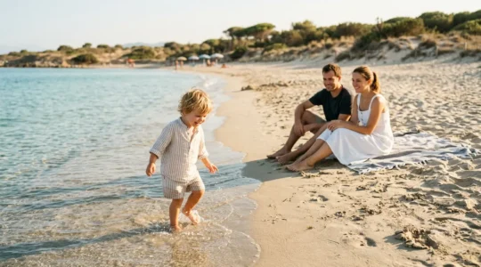 Famiglia con bambino piccolo che gioca sulla sabbia dorata di una spiaggia italiana con acque basse e cristalline