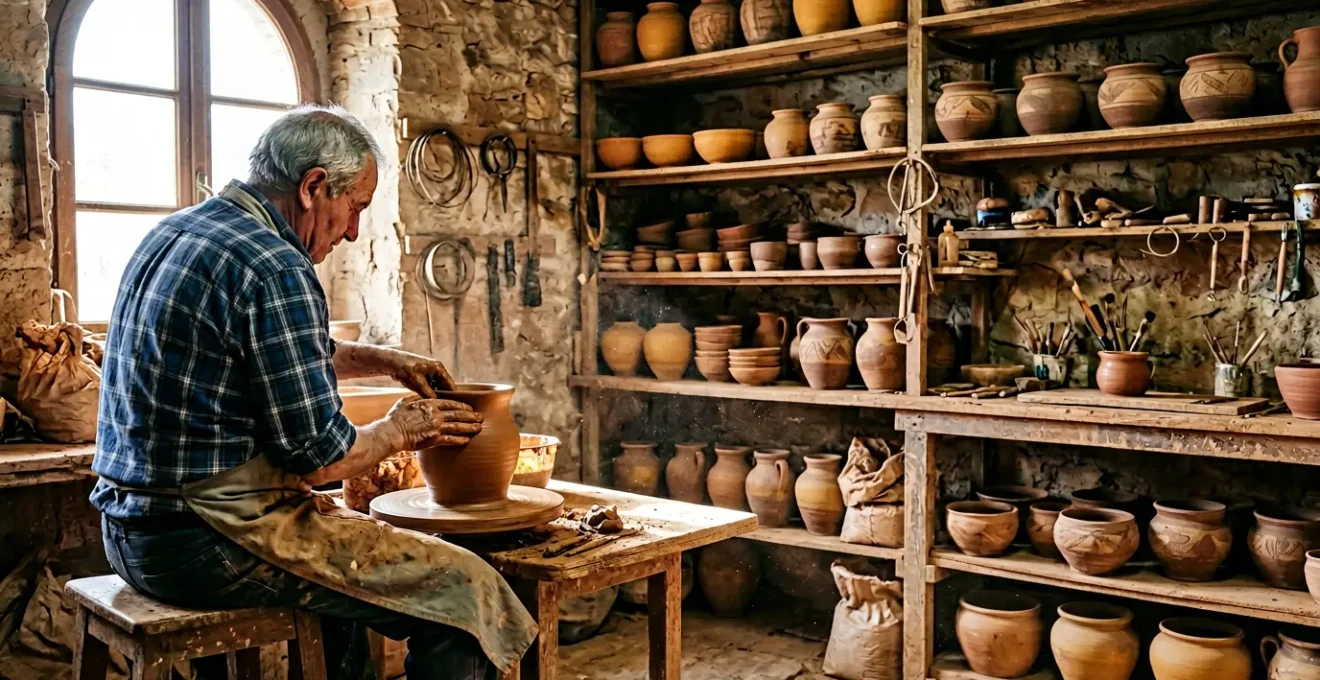 Artigiano ceramista italiano al lavoro nel suo laboratorio tradizionale con ceramiche colorate