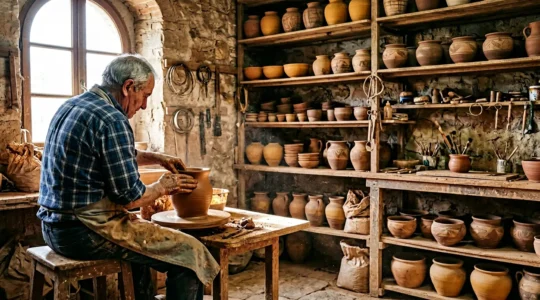 Artigiano ceramista italiano al lavoro nel suo laboratorio tradizionale con ceramiche colorate