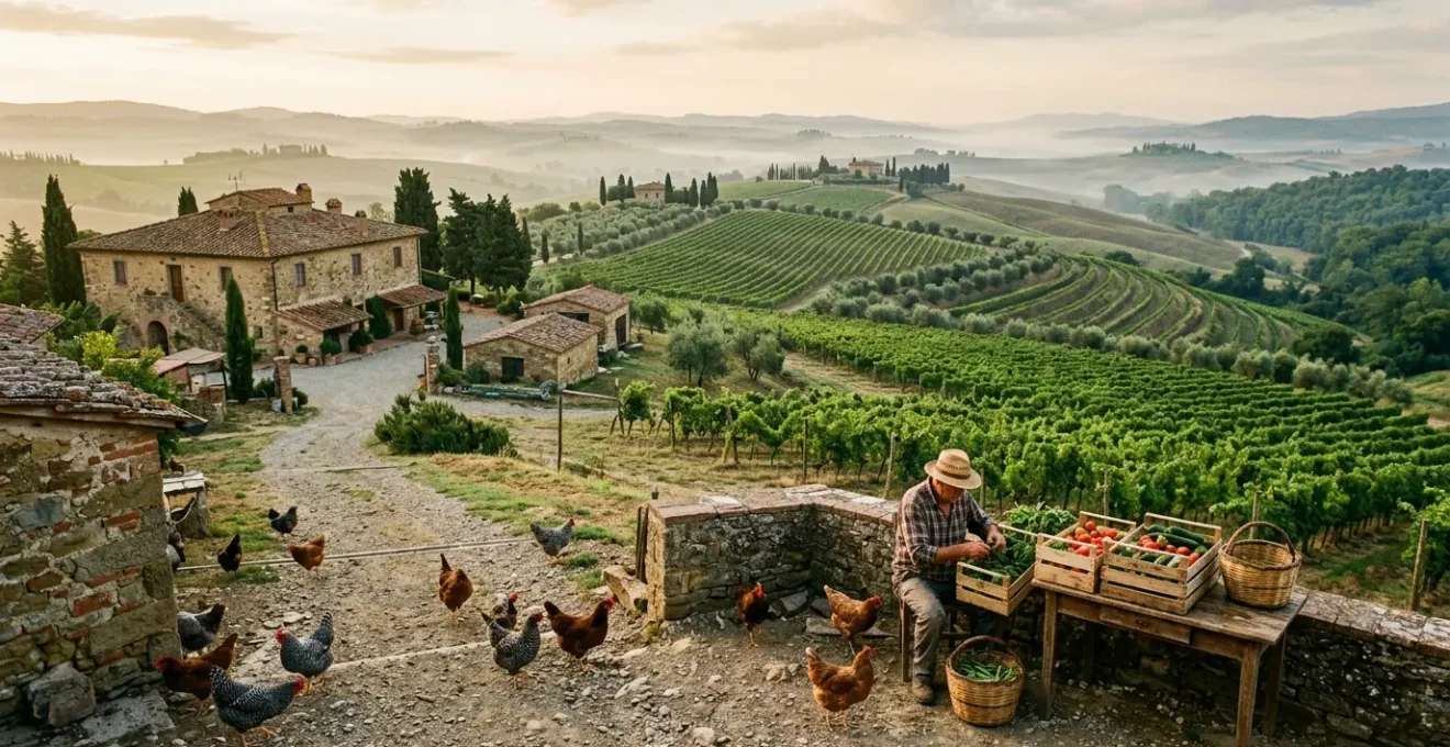 Vista panoramica di un agriturismo autentico con vigneto e animali da cortile