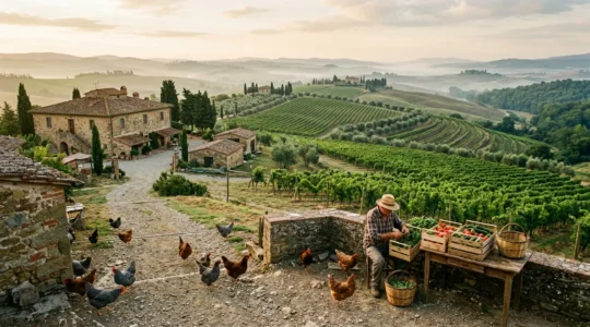 Vista panoramica di un agriturismo autentico con vigneto e animali da cortile