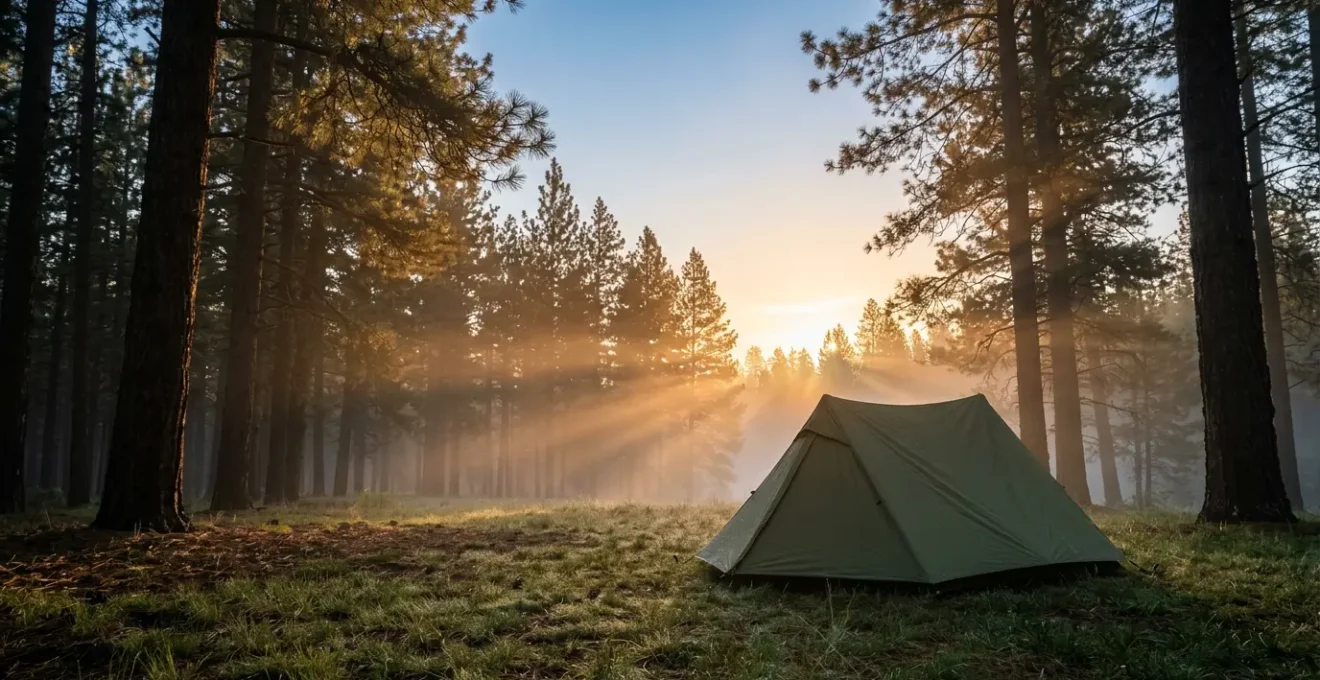 Tenda da campeggio all'alba circondata dalla natura con luce dorata del mattino