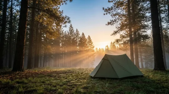 Tenda da campeggio all'alba circondata dalla natura con luce dorata del mattino