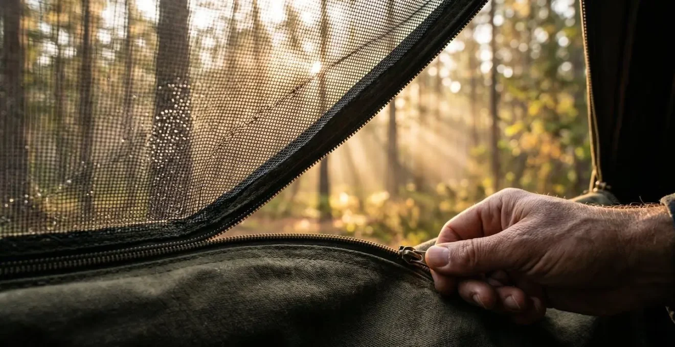 Interno di una tenda da campeggio illuminata dai primi raggi del sole attraverso gli alberi