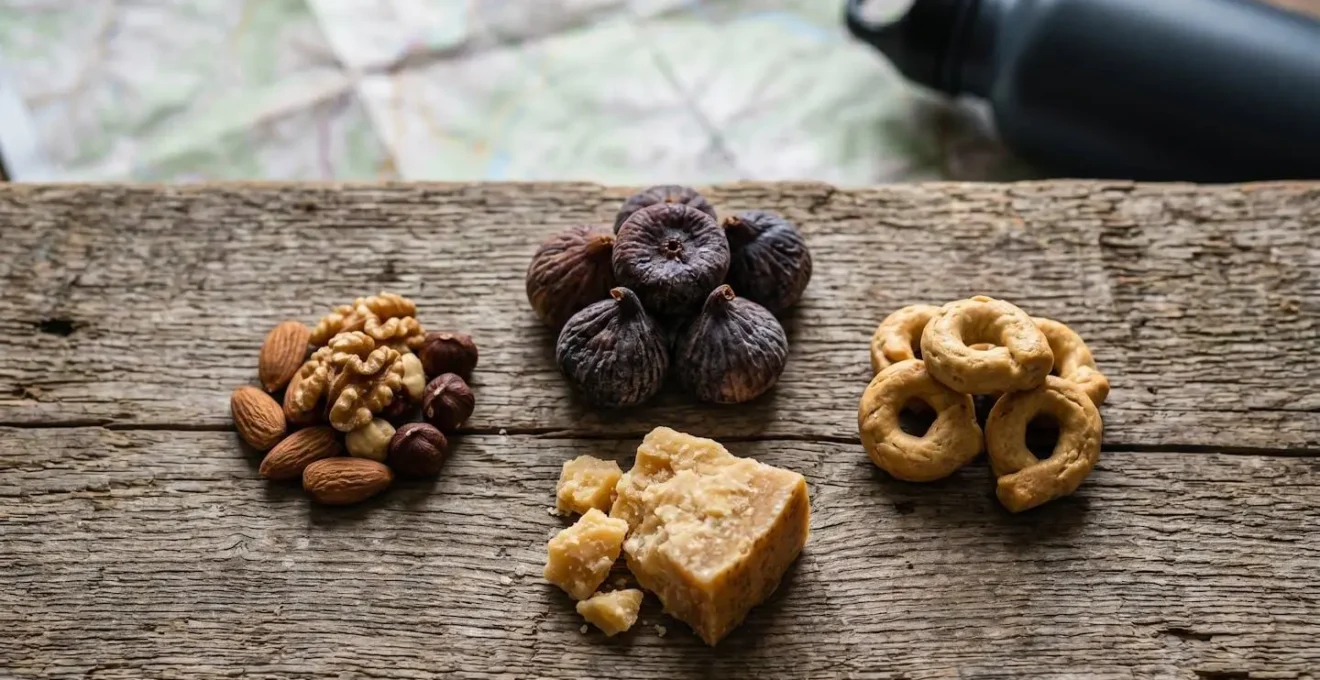 Alimenti energetici naturali italiani come fichi secchi, parmigiano e noci disposti su un tavolo di legno, ideali per il trekking