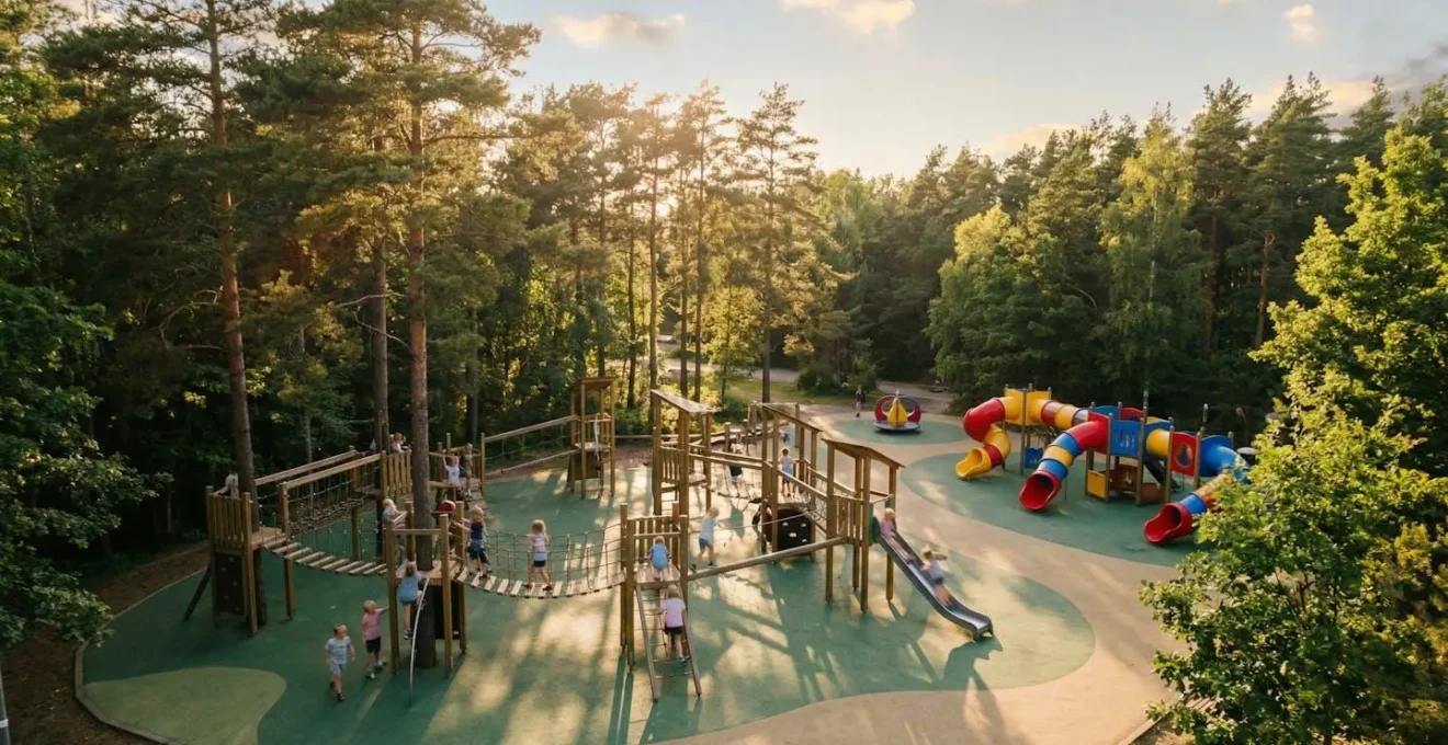 Area giochi naturale con strutture in legno e bambini che giocano tra scivoli e percorsi avventura