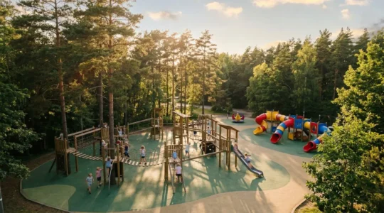 Area giochi naturale con strutture in legno e bambini che giocano tra scivoli e percorsi avventura