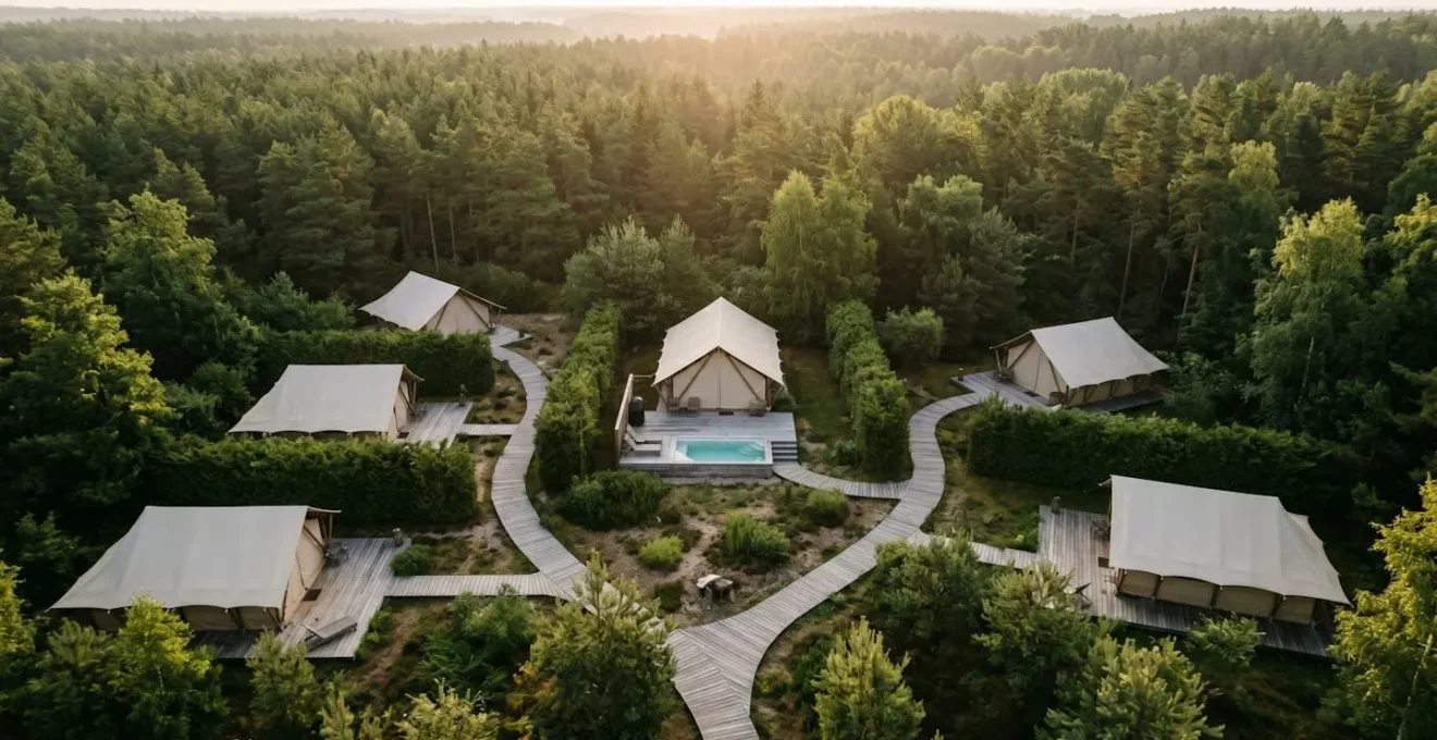 Vista aerea di area glamping separata con lodge distanziati tra vegetazione