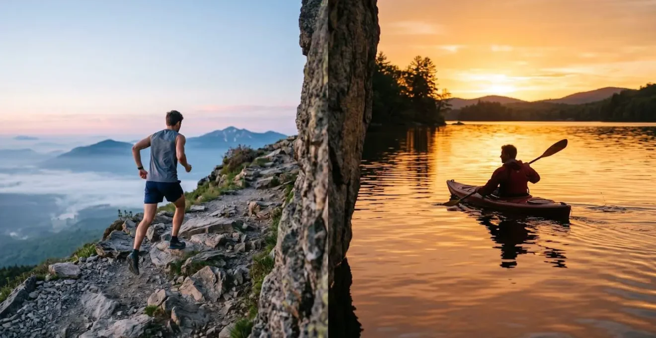 Corridore al tramonto e kayakista all'alba in paesaggio montano