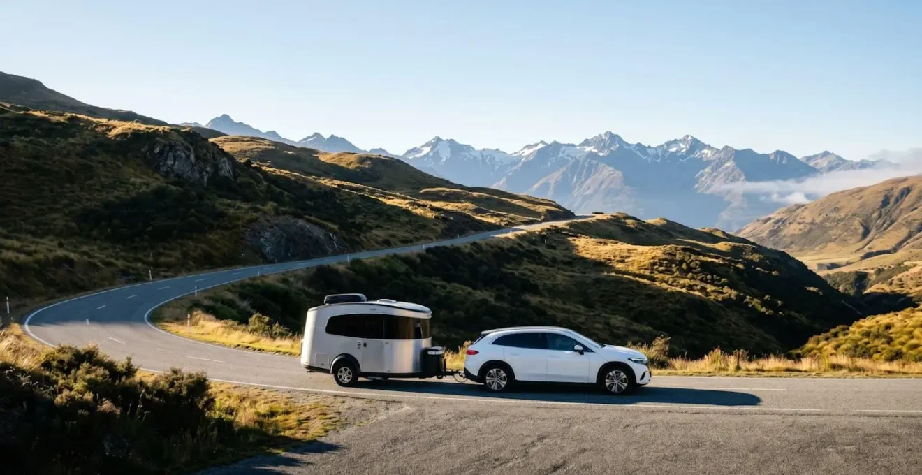 Auto elettrica che traina una roulotte in un paesaggio montano