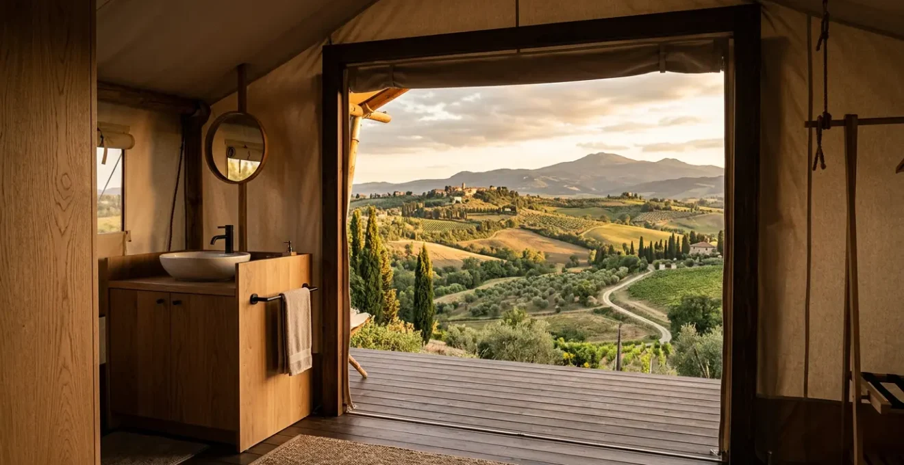 Vista dall'interno di una lussuosa tenda glamping con bagno privato, mostrando il contrasto tra comfort moderno e natura selvaggia