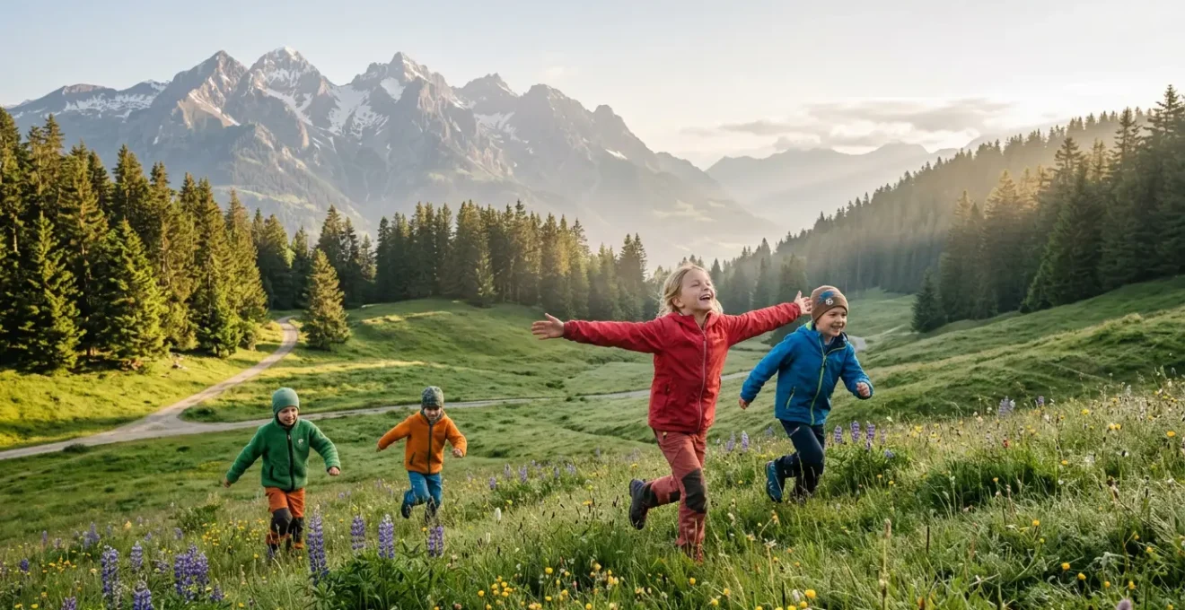 Bambini che respirano aria pura di montagna a 1500 metri di altitudine
