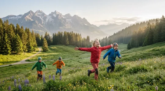 Bambini che respirano aria pura di montagna a 1500 metri di altitudine