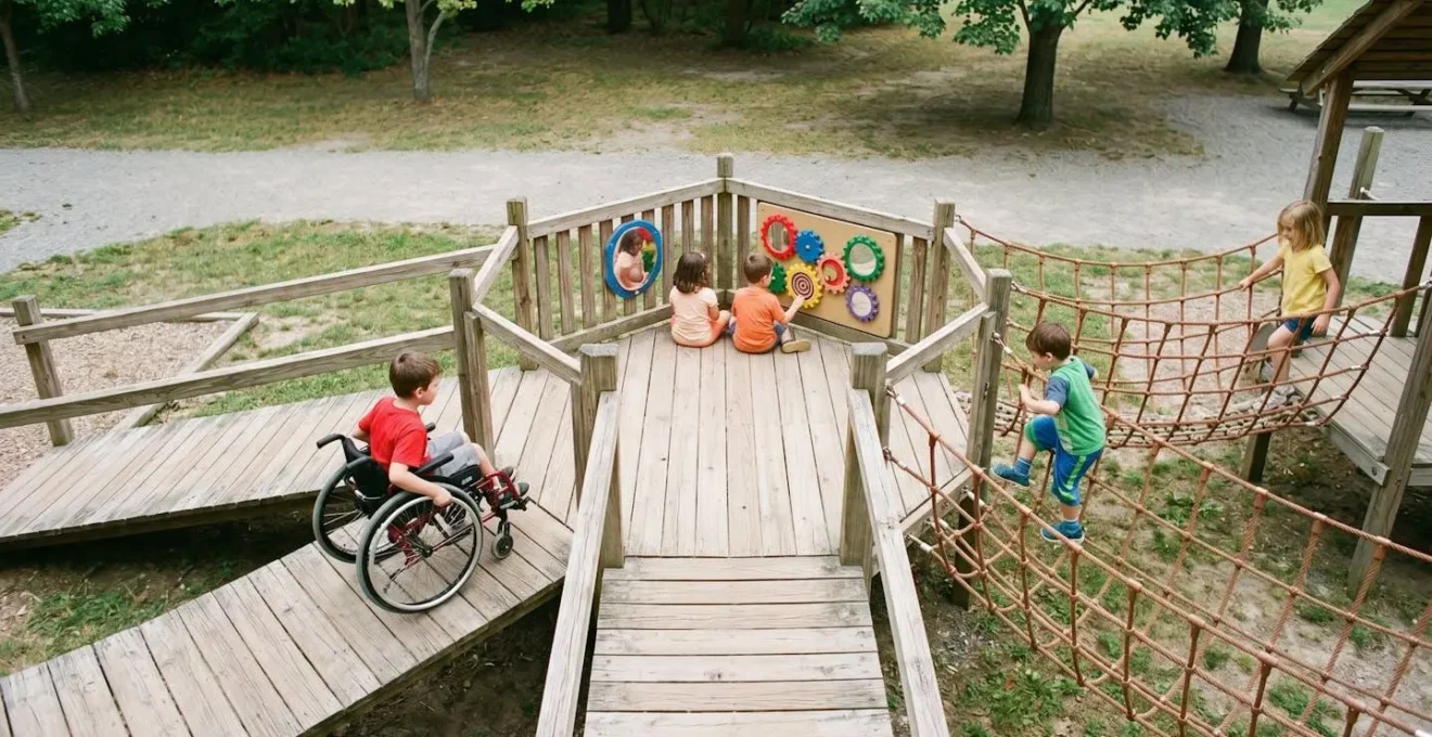 Bambini con e senza disabilità giocano insieme su strutture inclusive in legno naturale