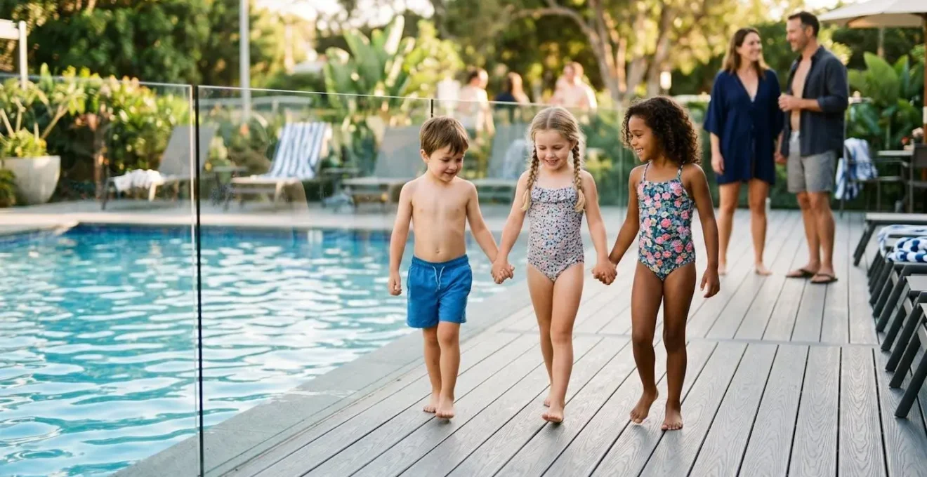 Bambini che camminano con attenzione sul bordo piscina con pavimentazione antiscivolo