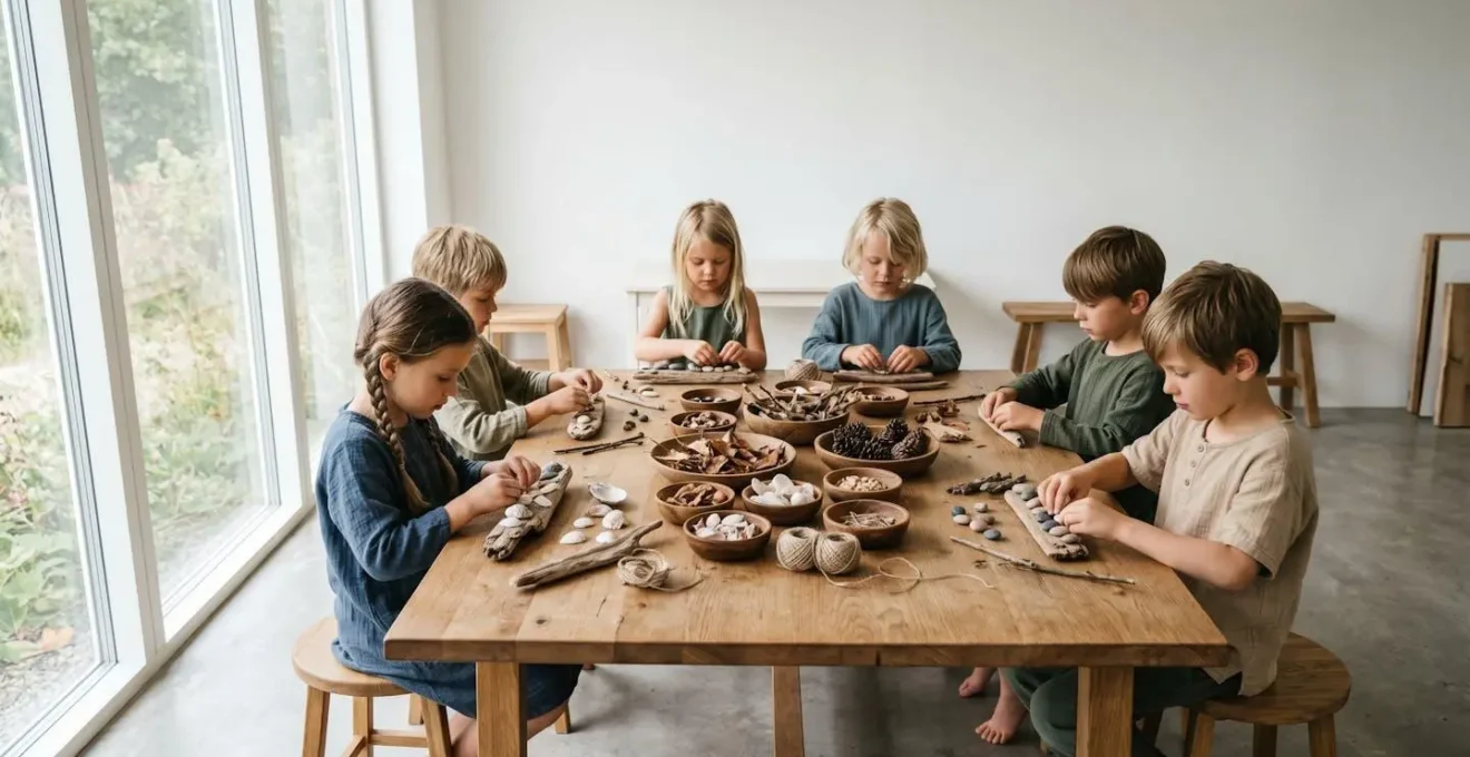 Bambini impegnati in un laboratorio creativo con materiali naturali al miniclub