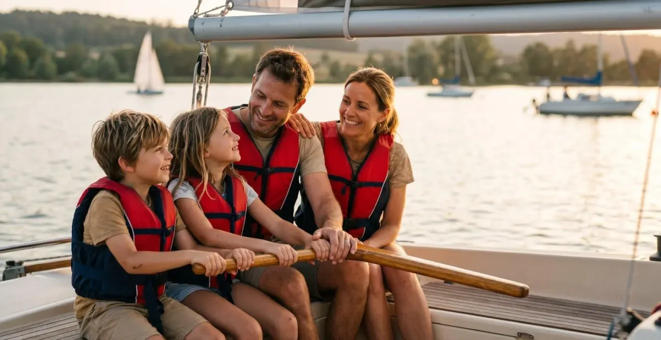Famiglia con bambini che partecipa a un corso di vela su un catamarano