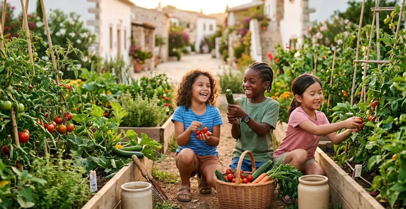 Bambini felici che raccolgono verdure fresche nell'orto didattico di un villaggio turistico in estate