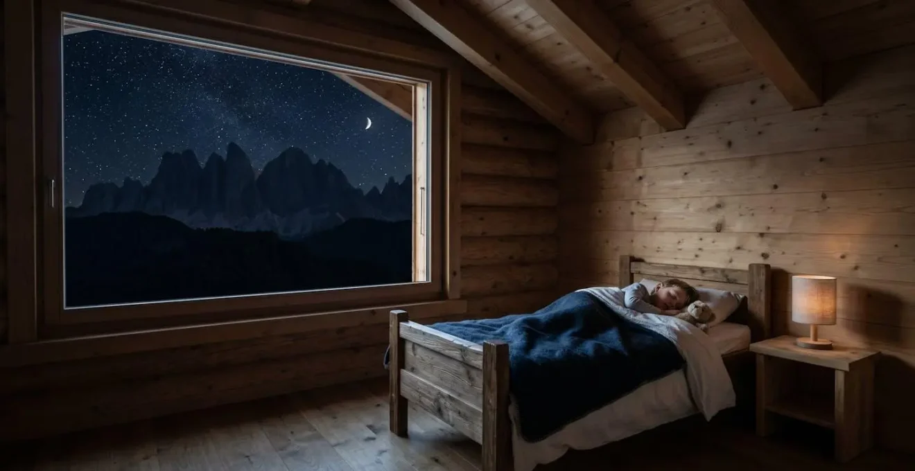 Camera da letto in chalet di montagna con bambino che dorme serenamente