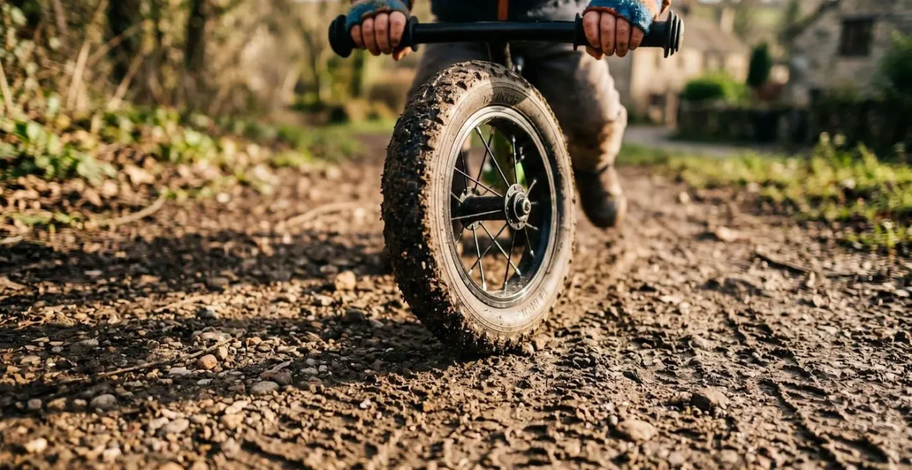 Bambino che impara ad andare in bicicletta su sentiero in terra battuta nel villaggio car-free