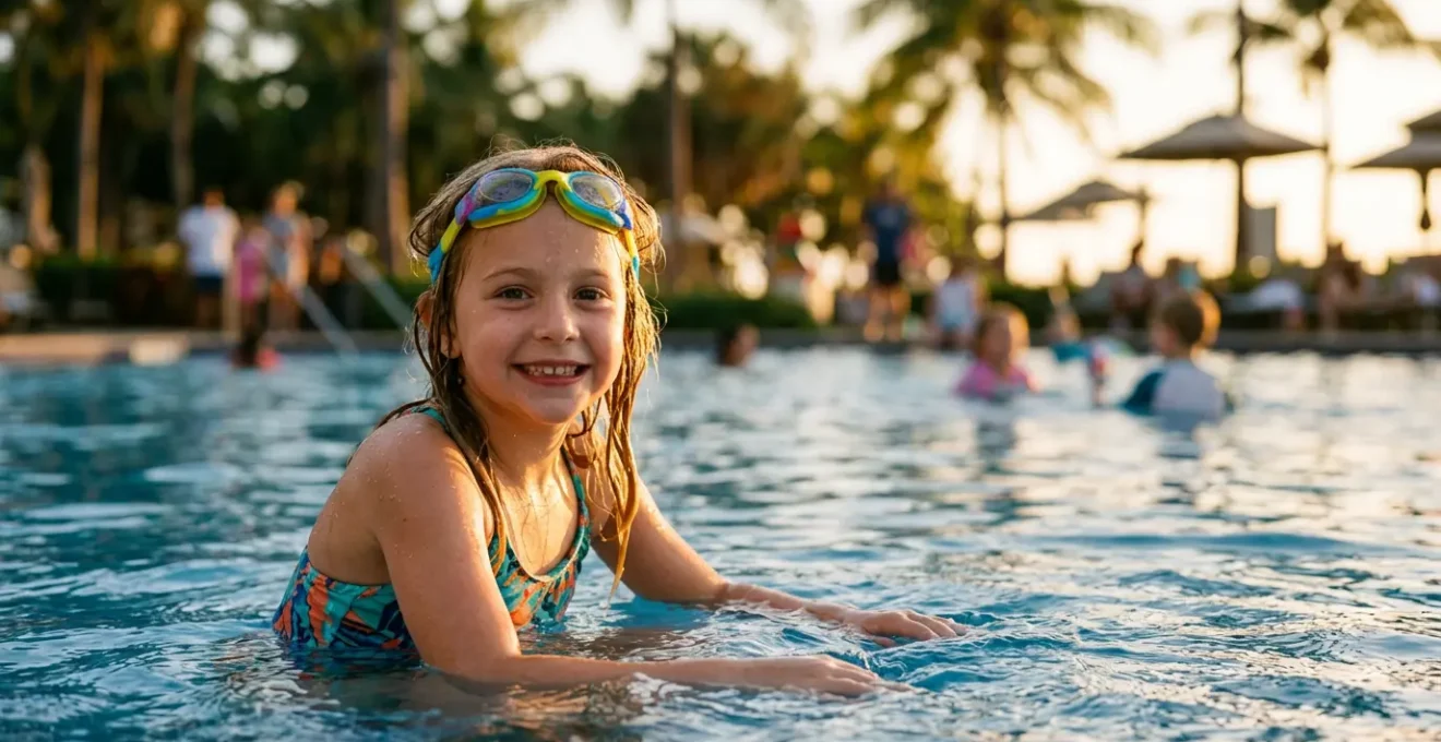 Bambino sorridente in piscina durante un corso di nuoto intensivo estivo in un villaggio vacanze
