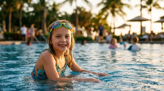 Bambino sorridente in piscina durante un corso di nuoto intensivo estivo in un villaggio vacanze