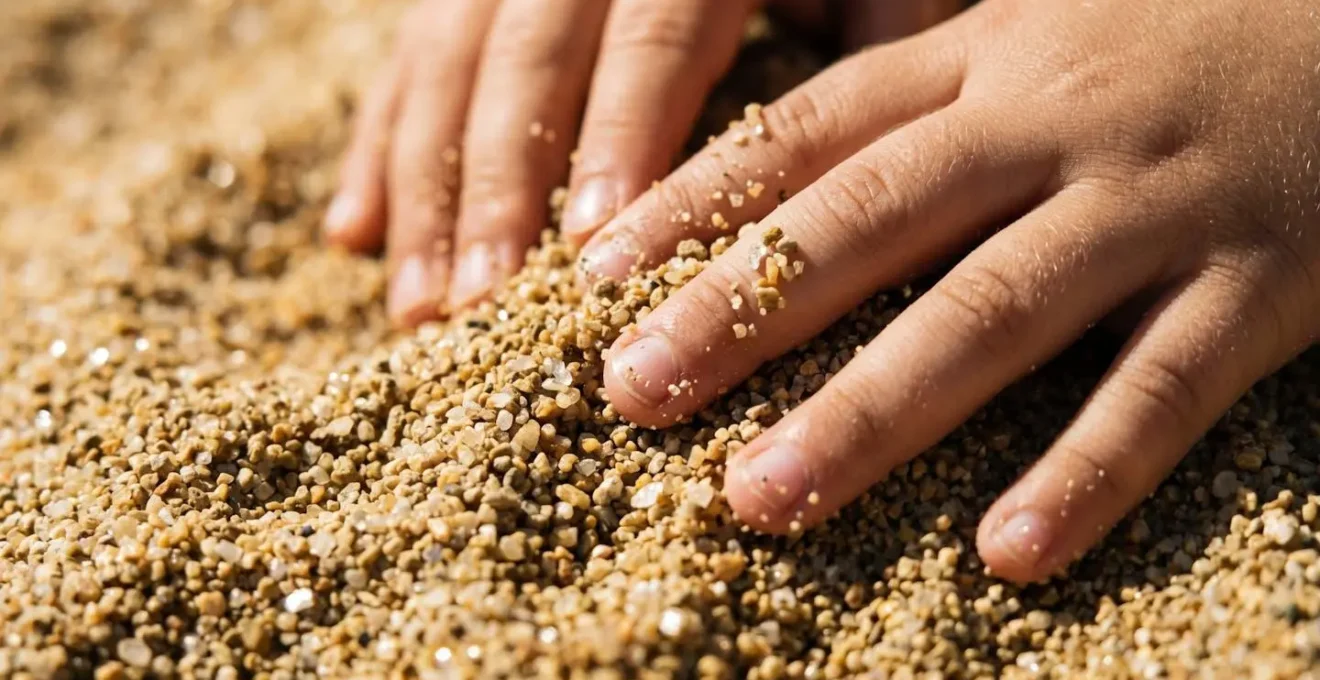 Dettaglio macro di mani di bambino che giocano con sabbia dorata fine su spiaggia italiana
