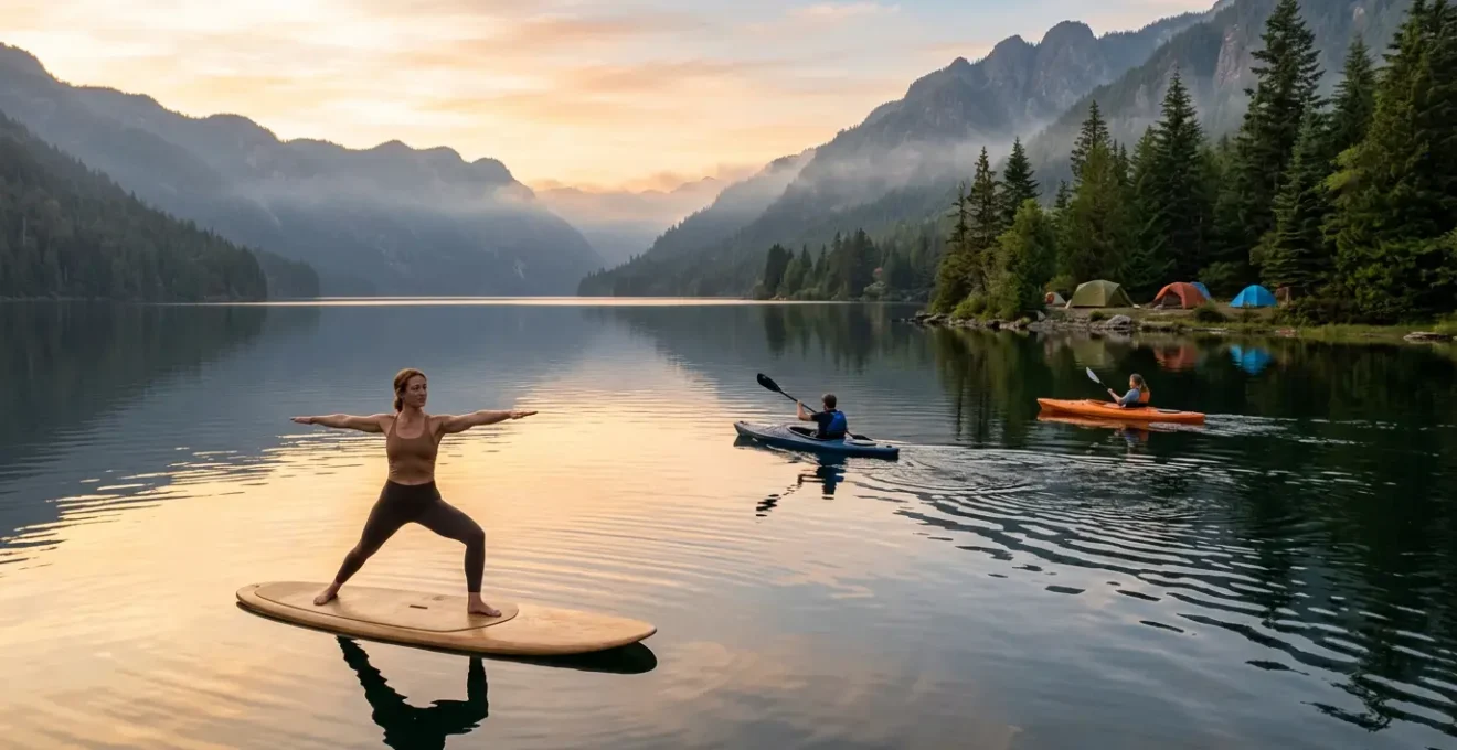 Donna in equilibrio su SUP al tramonto con montagne e kayak sullo sfondo