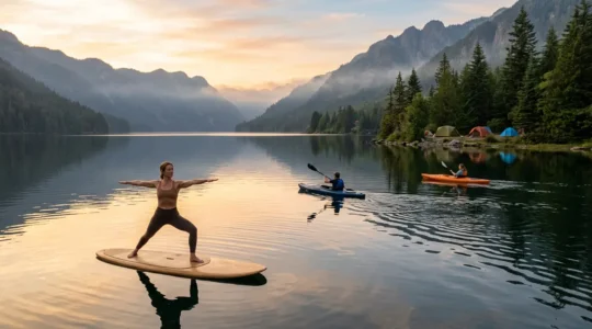 Donna in equilibrio su SUP al tramonto con montagne e kayak sullo sfondo