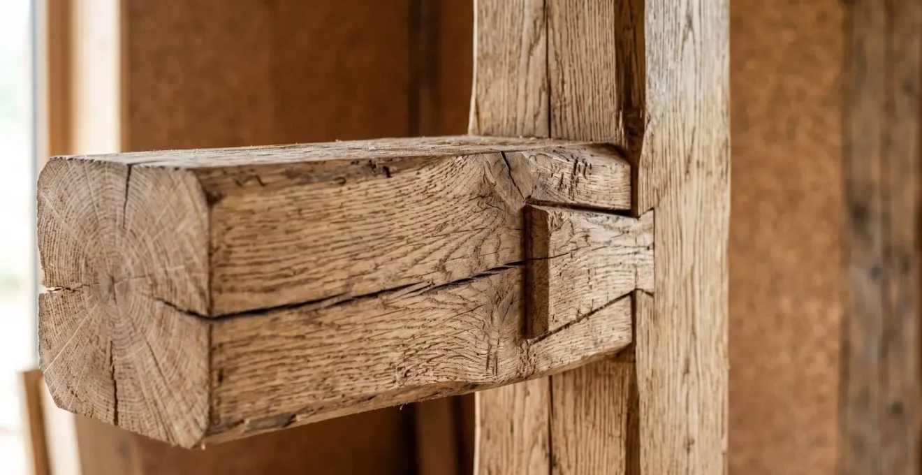 Interni di hotel in bioarchitettura con travi di legno massiccio a vista e materiali naturali