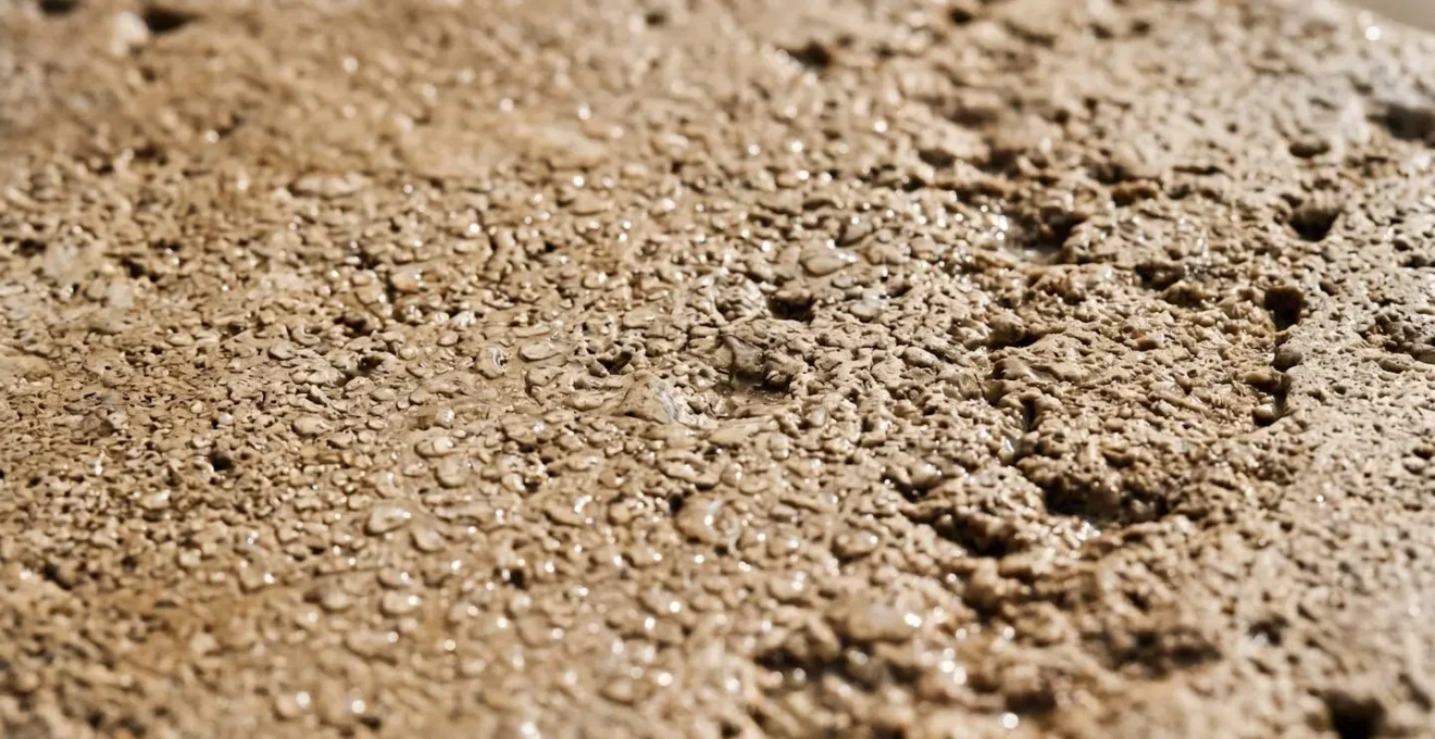 Dettaglio macro del bordo piscina con superficie antiscivolo in pietra naturale