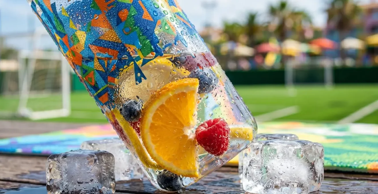 Borraccia colorata con acqua e fette di frutta fresca per l'idratazione durante l'allenamento estivo