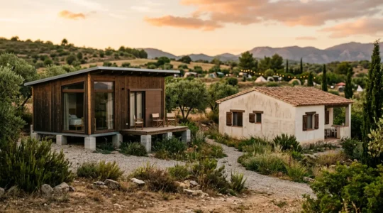 Vista esterna di bungalow in legno e muratura con dettagli termici visibili