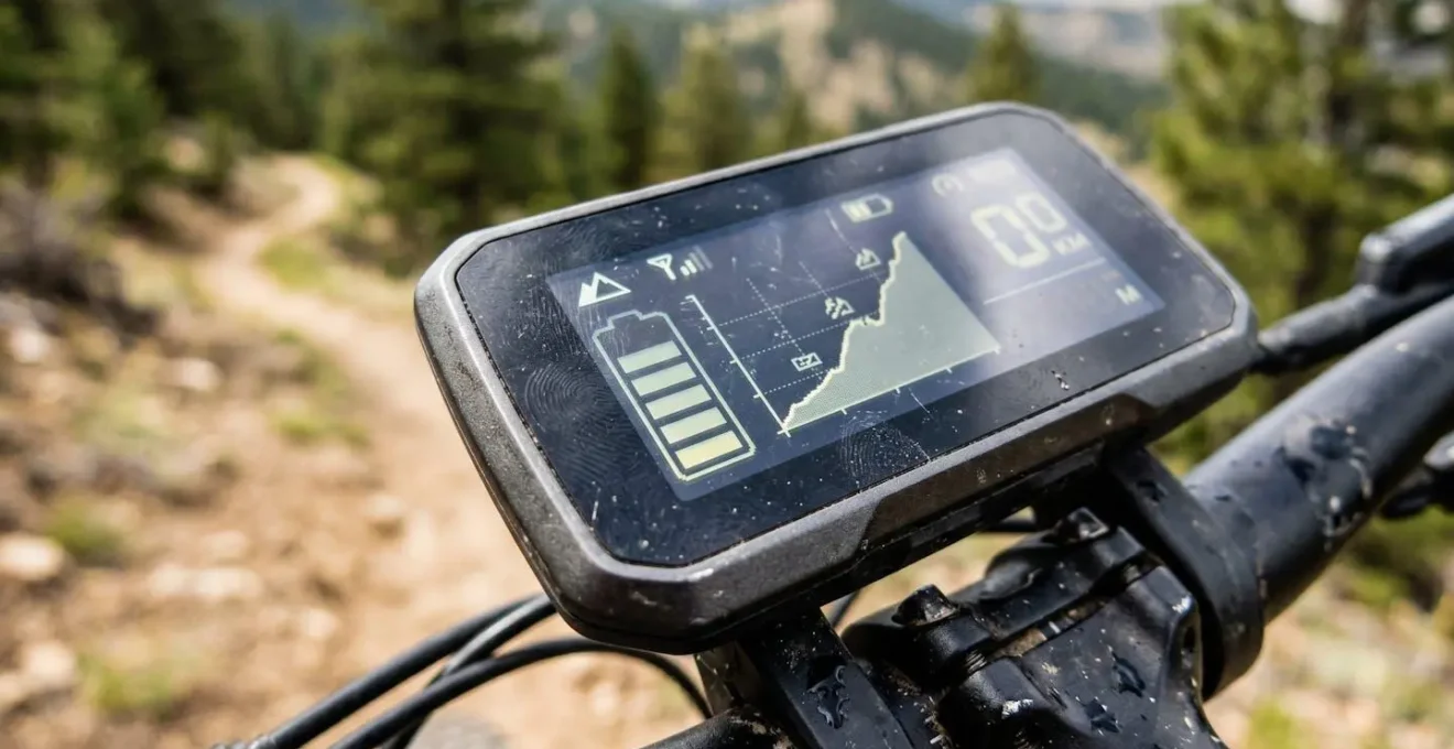 Dettaglio macro del display E-MTB che mostra consumo batteria e altimetria