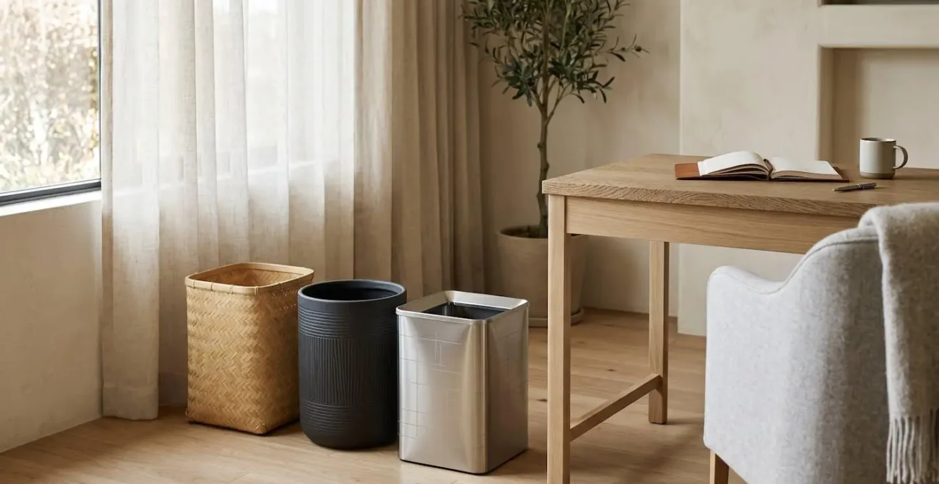 Interno di camera d'hotel con sistema di raccolta differenziata a tre contenitori colorati ben organizzati