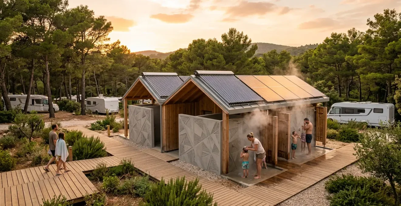 Campeggio ecologico con pannelli solari e famiglie che si godono docce calde all'aperto