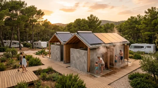 Campeggio ecologico con pannelli solari e famiglie che si godono docce calde all'aperto