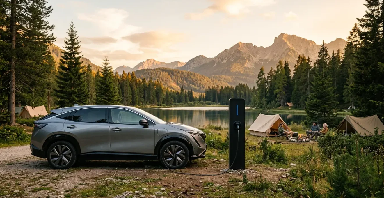 Auto elettrica in carica presso colonnina di un campeggio immerso nella natura