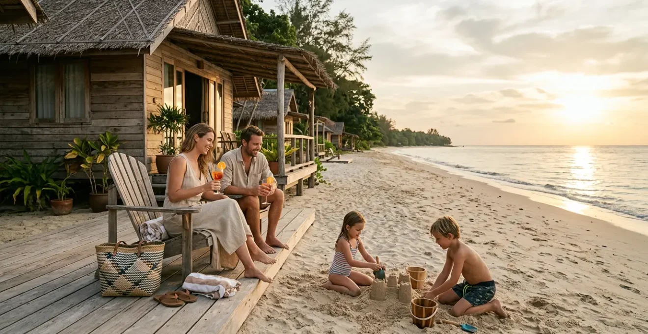 Famiglia che si rilassa davanti al bungalow con vista diretta sul mare al tramonto
