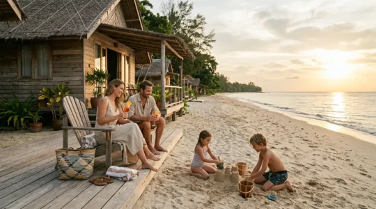 Famiglia che si rilassa davanti al bungalow con vista diretta sul mare al tramonto