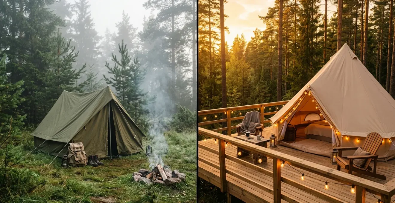 Confronto visivo tra campeggio classico e glamping nella natura