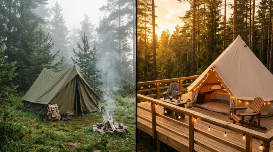 Confronto visivo tra campeggio classico e glamping nella natura