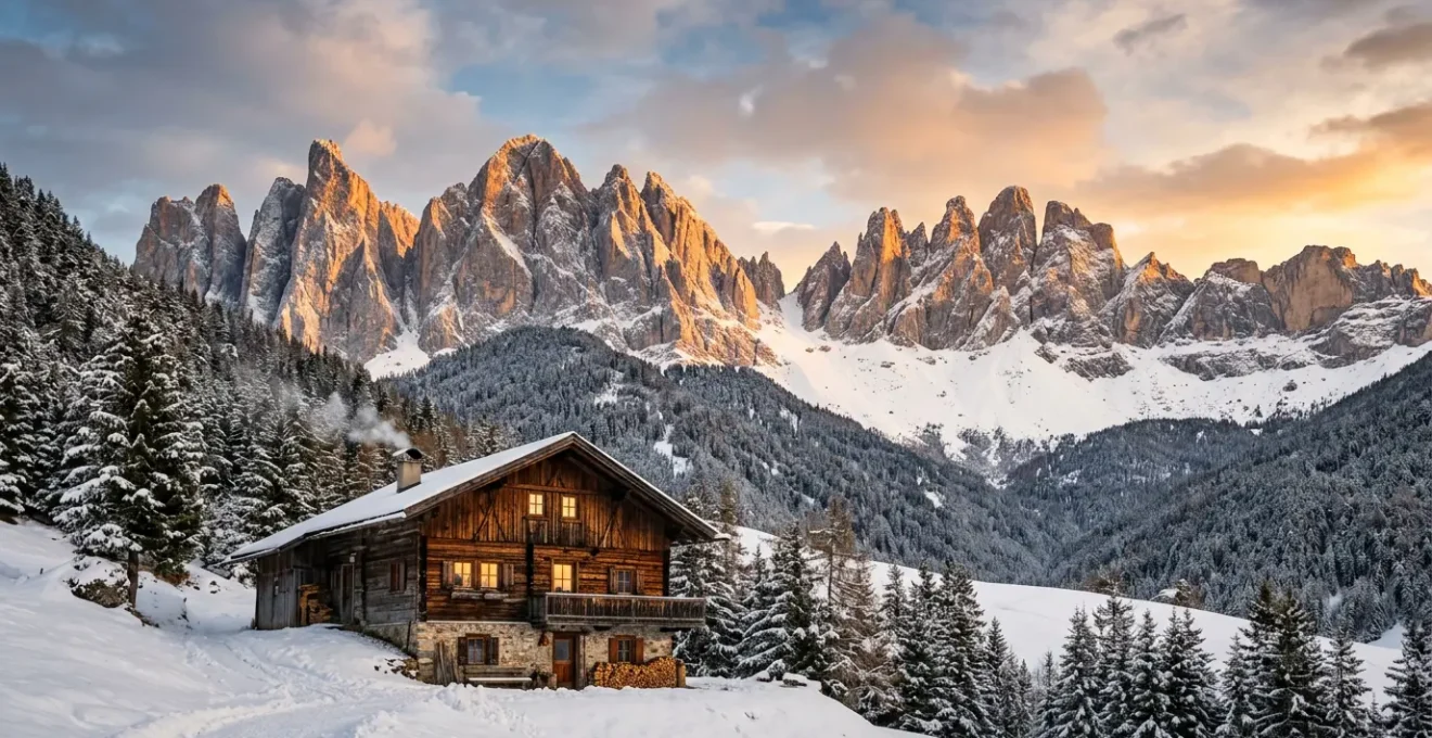 Chalet tradizionale in legno con vista panoramica sulle Dolomiti al tramonto